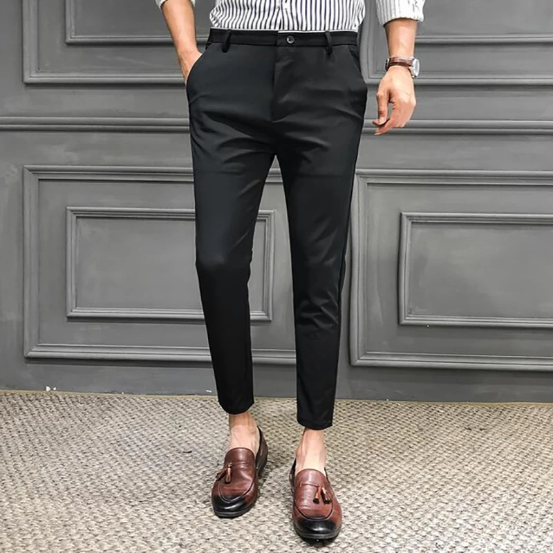 

2020 Summer Man Slim Pants male smart Casual Trousers Plaid Thin Summer New Fashion Men Business Suit Pant Black Navy Blue