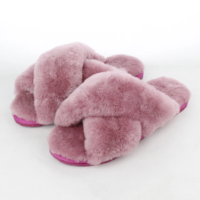 Hot Pink Зимние теплые меховые тапочки из натуральной овечьей кожи; женская домашняя обувь; домашние тапочки; коллекция года; Роскошные шерстяные тапочки; Женские Повседневные тапочки; UVWP - Цвет: Hot Pink