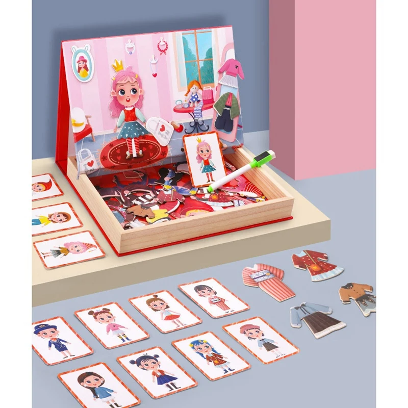 

Children Wooden Toy Multi-Functional Magnetic Double-Sided Puzzle Cartoon Girl Dress Up Puzzle White Board Toy