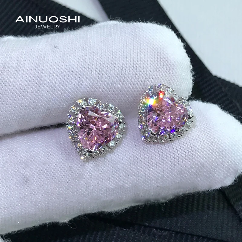 AINUOSHI сердце shpaed 8x8 мм лад создано розовый сапфир простые серьги гвоздики для