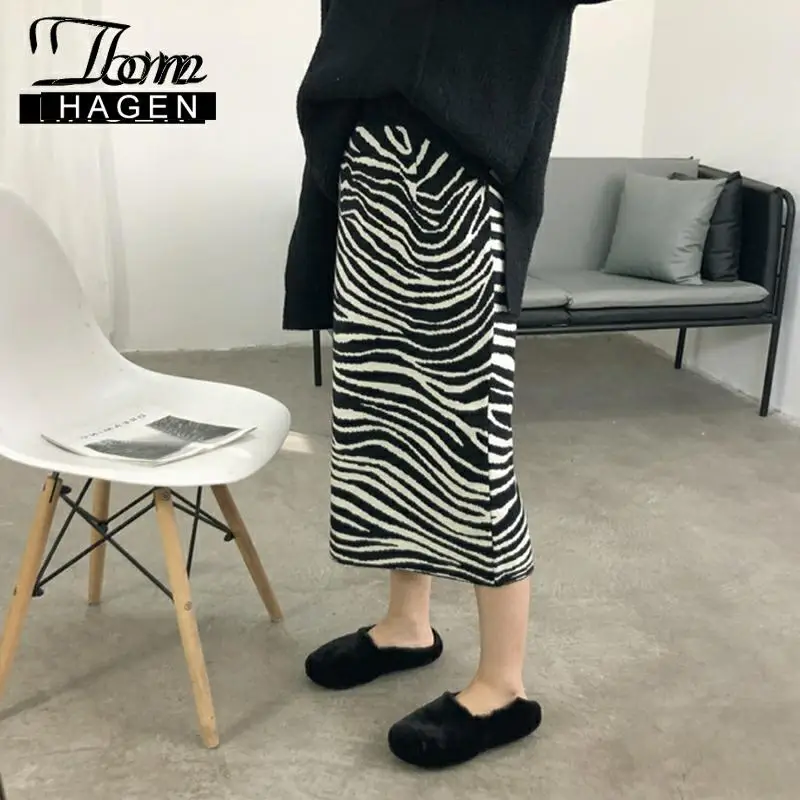 

Zebra Stripe Women Midi Knitted Skirt Female High Waist Vintage Pleated Skirt Women Knitted Straight Animal Print Ladies Skirt