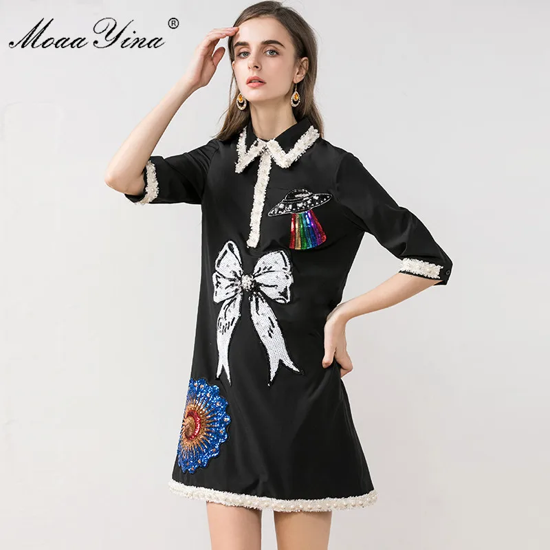 Женское модельное платье MoaaYina дизайнерское с коротким рукавом и жемчужными