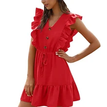 Vestido corto informal de verano con Manga mariposa, minivestido con volantes, cuello en V, Verde menta, rojo, con cordones, novedad de 2022 (4)