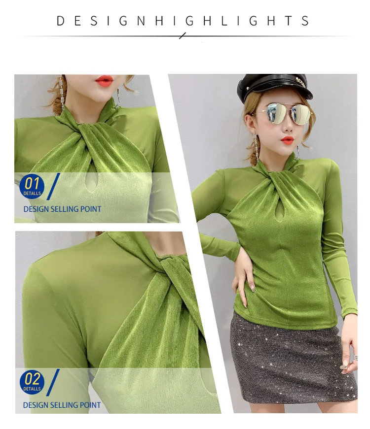 

Spring Fall European Clothes Mesh T-Shirt Fashion Sexy Irregularity Patchwork Cross Women Tops Long Sleeve Pullover Tees T17418A