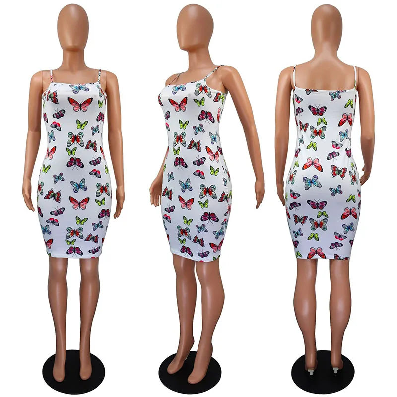 

ZKYZWX Plus Size Dress Women Sexy Straps Backless Slim Fit Bodycon Party Vestidos Butterfly Printed Summer Sling Dresses