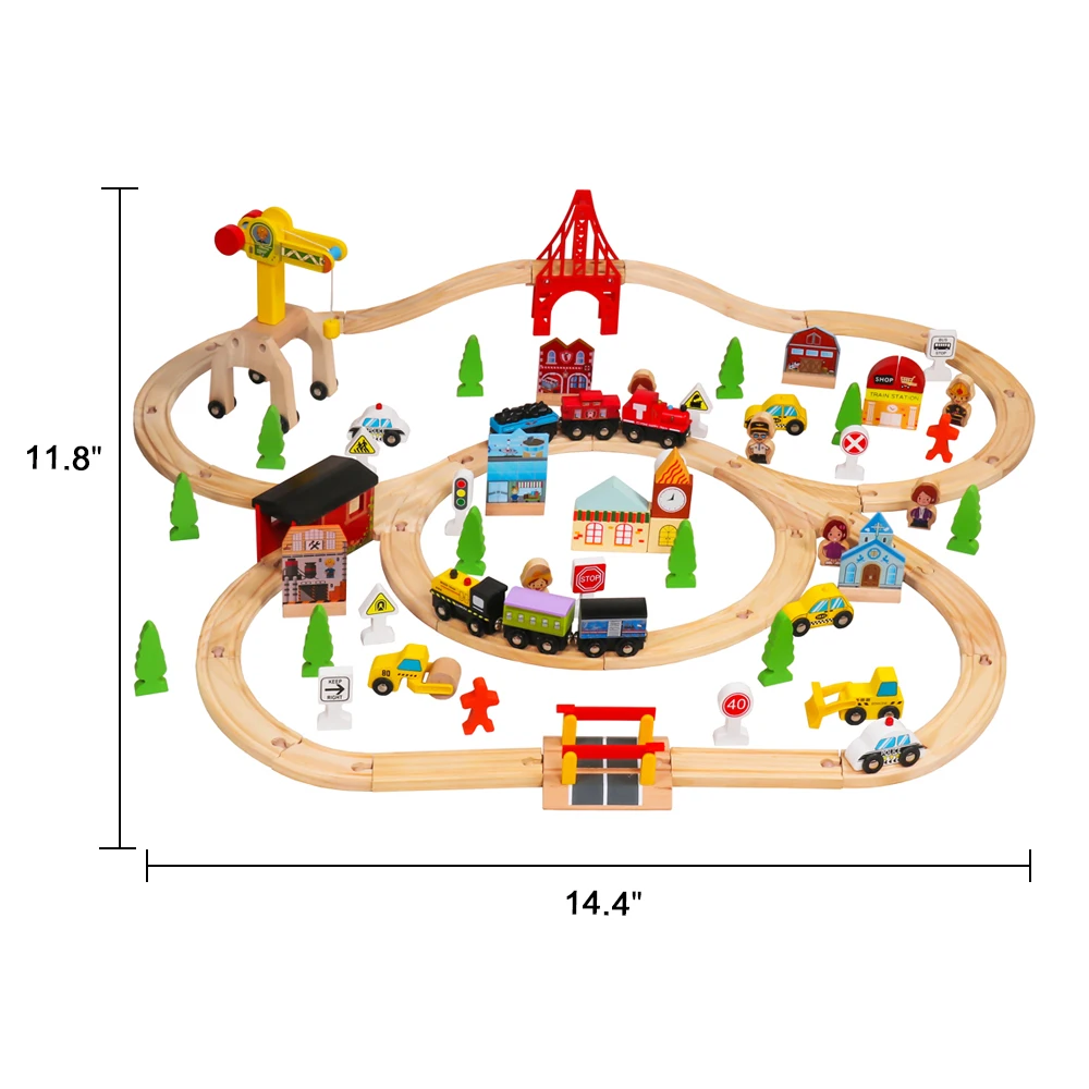 

(Ships From USA) 100pcs Wooden Train Set Learning Toy Kids Children Rail Lifter Fun Road Crossing Track Railway Play Multicolor