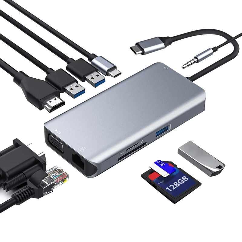 USB C концентратор Тип адаптер переменного тока 10 в 1 ключ с Ethernet 4K HDMI VGA 3 USB3.0