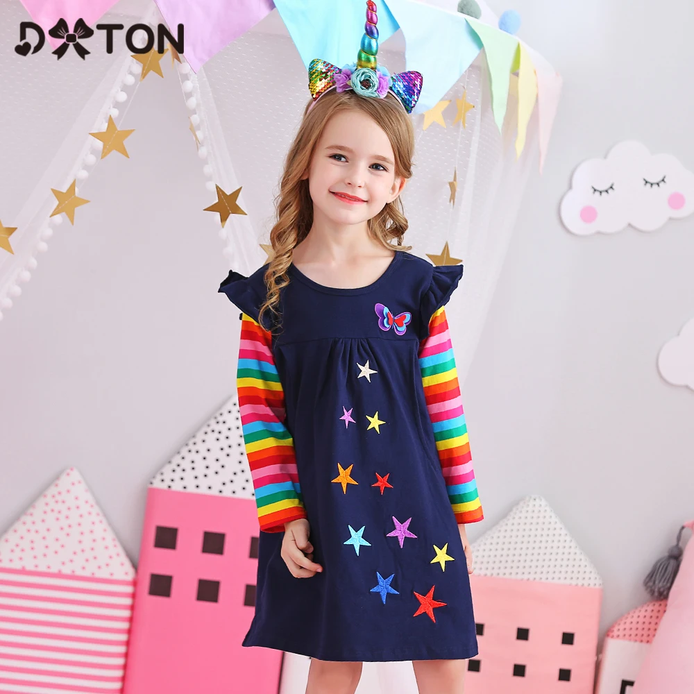 

Dxton Girls Long Sleeve Dress Children Winter Clothing Rainbow Kids Dresses Butterfly Dress for Girls Baby Girl Clothes 2-8 Year