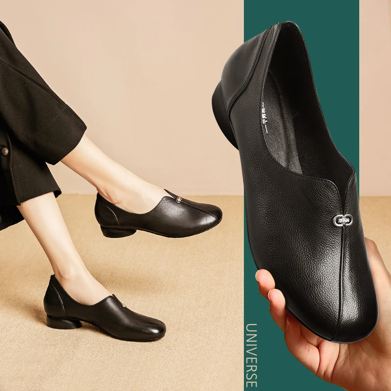 

Universe J082 Handmade Chinese Style Genuine Leather Women Pumps Low Heel Round Toe Solid Casual Pregnant Grandma Ladies Loafers