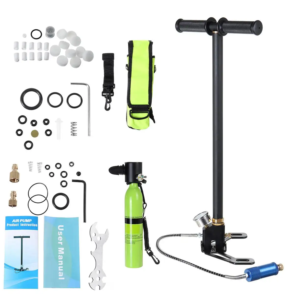 

0.5L Portable Diving Reserve Air Tank Scuba Oxygen Cylinder Mini Hand Pump Operated Pump Respiratoor Bag kit