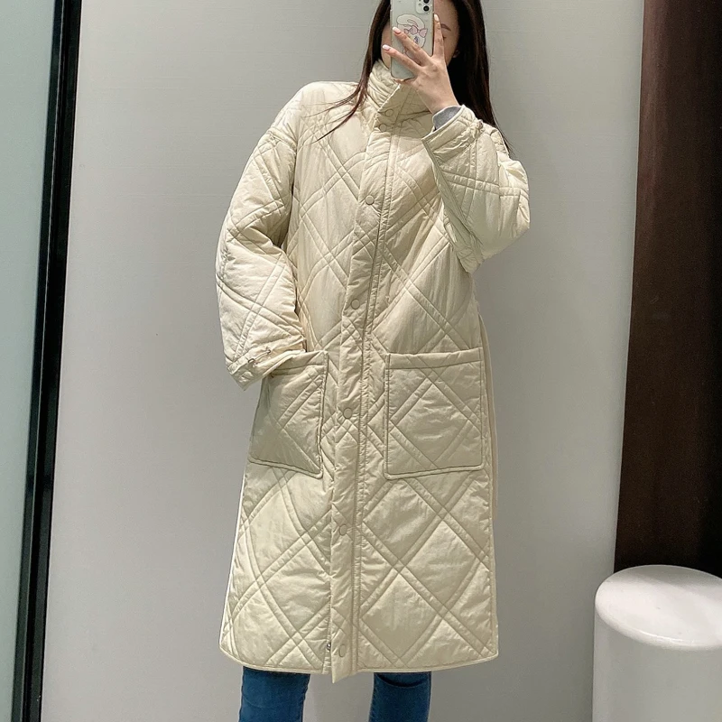Winter Warm Oversize Long Parkas Coat Women's Vintage Plaid Loose Jacket Outwear Female Chic Pockets Casual Overcoats Ladies