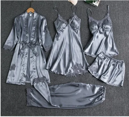 

5PCS Sleepwear Female Pajamas Set Satin Pyjamamas Lace Patchwork Bridal Wedding Nightwear Rayon Home Wear Nighty&Robe Suit