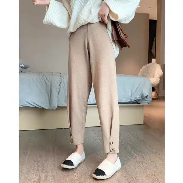 

Брюки-султанки женские с завышенной талией, повседневные винтажные вязаные офисные штаны, черные, на весну