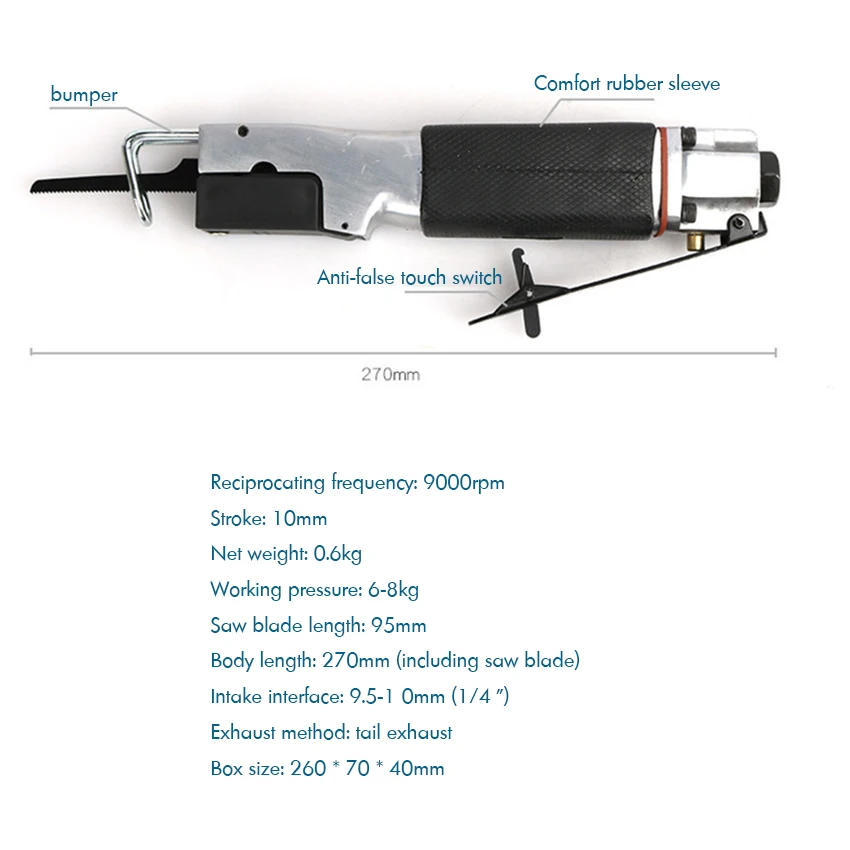 

Air Reciprocating Saw, 9000rpm 1/4'' Pneumatic Reciprocating Saw with 2 Blades, 2 Wrench, 10mm Stroke, for Cutting Wood Metal