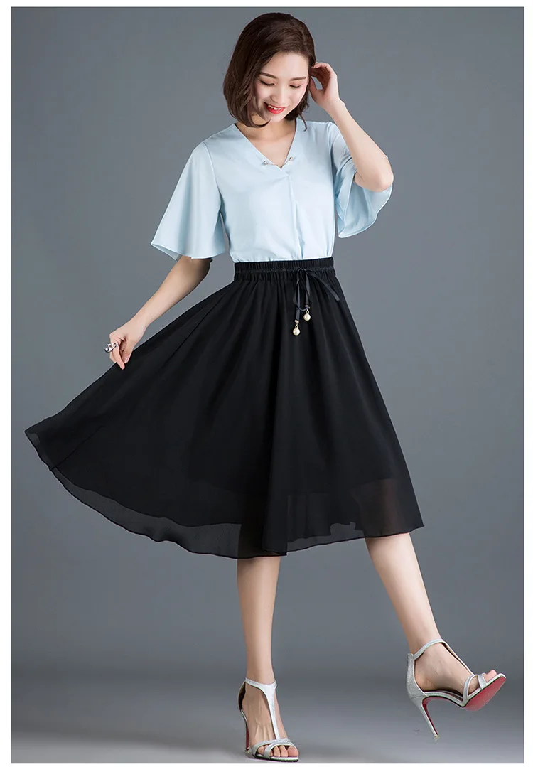 

chiffon skirt women summer high waist loose casual black big swing a-line mid-long skirts elegant office lady 1003