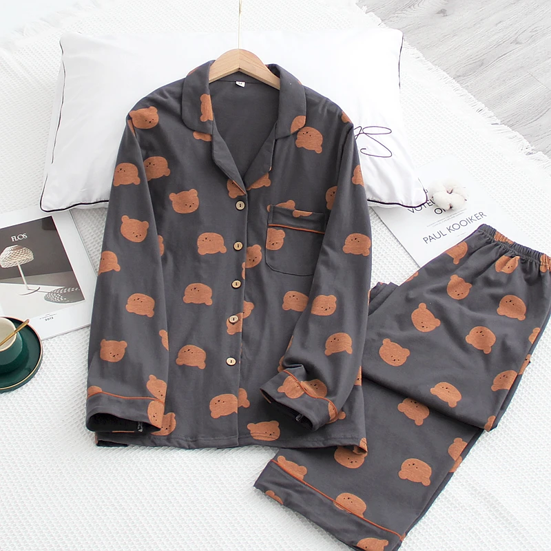 Japanese style new spring and autumn couple cotton long-sleeved trousers pajamas suit female four seasons home service suit men