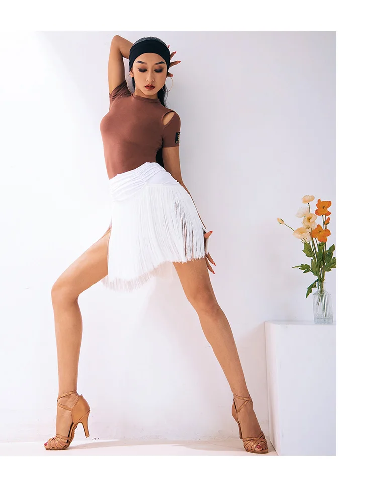 

Summer New Style Latin Dance Top Women Dancing Practice Short Sleeve Cha Cha Samba Training Dance Shirts Brown Pink Color DA444