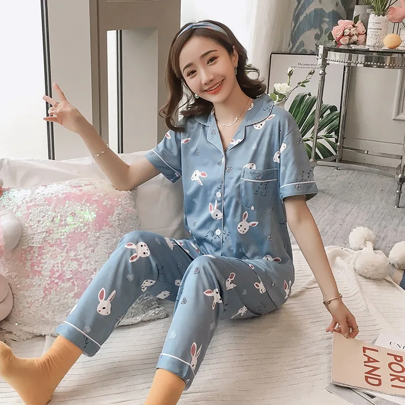 

2019 Summer Short Sleeve Long Pants Pajama Sets for Women Print Sleepwear Pyjamas Femme Loungewear Homewear Pijama Mujer Clothes