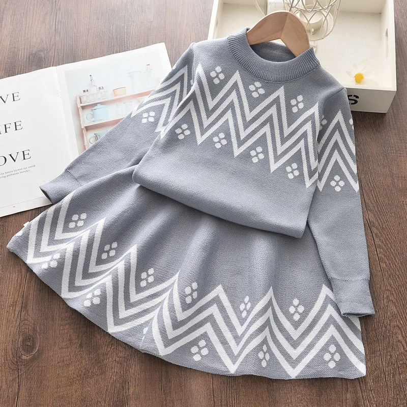 

Bear Leader Girls Dress 2020 Winter Geometric Pattern Dress Long Sleeve Girls Clothes Top Coat+ Tutu Dress Sweater Knitwear 2pcs