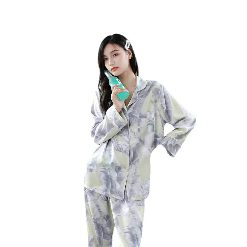 

New Ice Silk Pajamas Women's Long Sleeve Two Piece Set of Thin Home Clothes Women's Sleep Lounge Pajama Sets