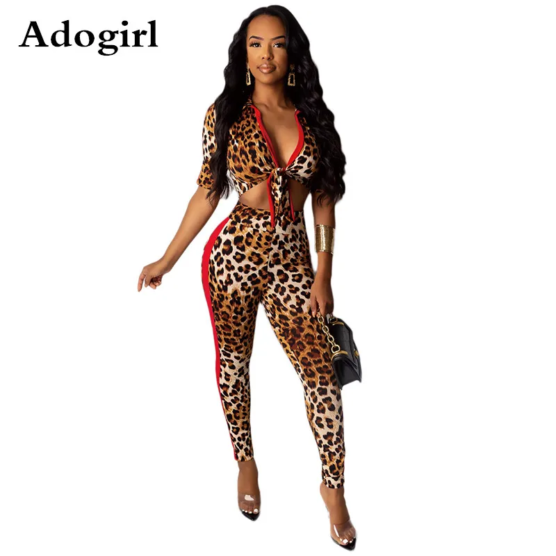 

Leopard Print Color Stripe Patchwork Two Piece Set Summer Tracksuit Front Tie Half Sleeve Shirt Crop Top+ Pencil Pants Outfits