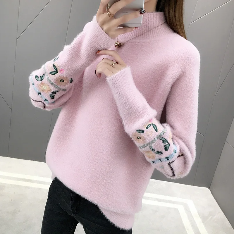 Новинка 2019 Зимний пуловер с вышивкой свитера женские бархатные вязаные из норки