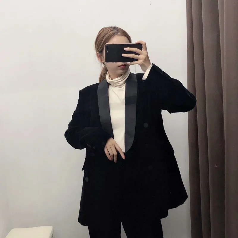 High-end Custom Velvet Black Satin Star Suit Autumn New Black Women Jackets Coat Notched Fashion Clothing Solid Button Full