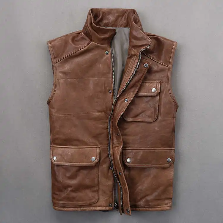 

Autumn New Leather Vest Male Stand Collar Slim Fit Locomotive Leather Vest Plus Cotton Scrub Sheepskin Vest Male