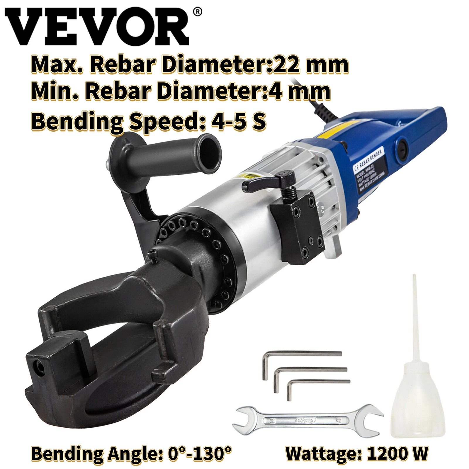 

VEVOR Handheld 1200W Electric Hydraulic Rebar Steel Bender 4mm-22mm 110V Bending Speed 4-5S Pure Copper Motor W/ Carbon Brush