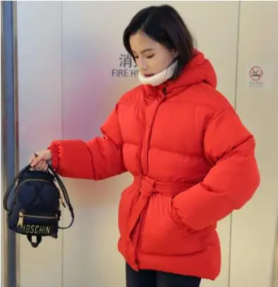 RED Корейский стиль Модные свободные плотные парки пальто женские теплые зимние новые куртки с поясом женские топы gx1402 - Цвет: RED