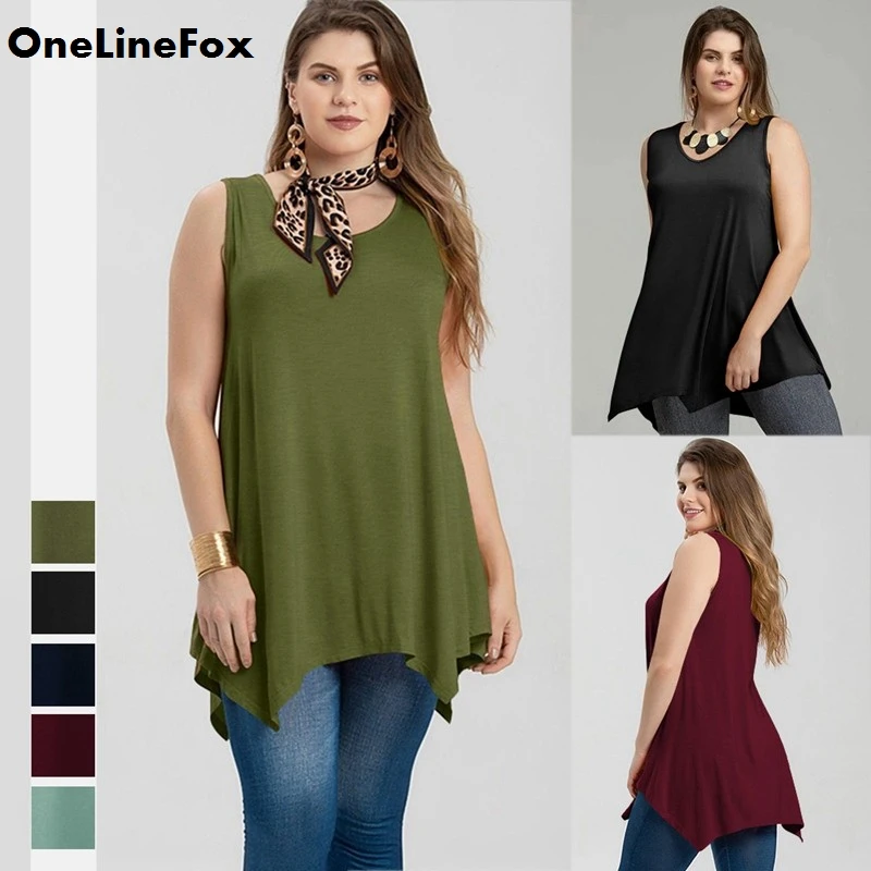 

OneLineFox XL-5XL Plus Size Summer Loose Irregular Women Tank Top V Neck Solid Beach Sleeveless Shirt Fat MM Camisole Large Size