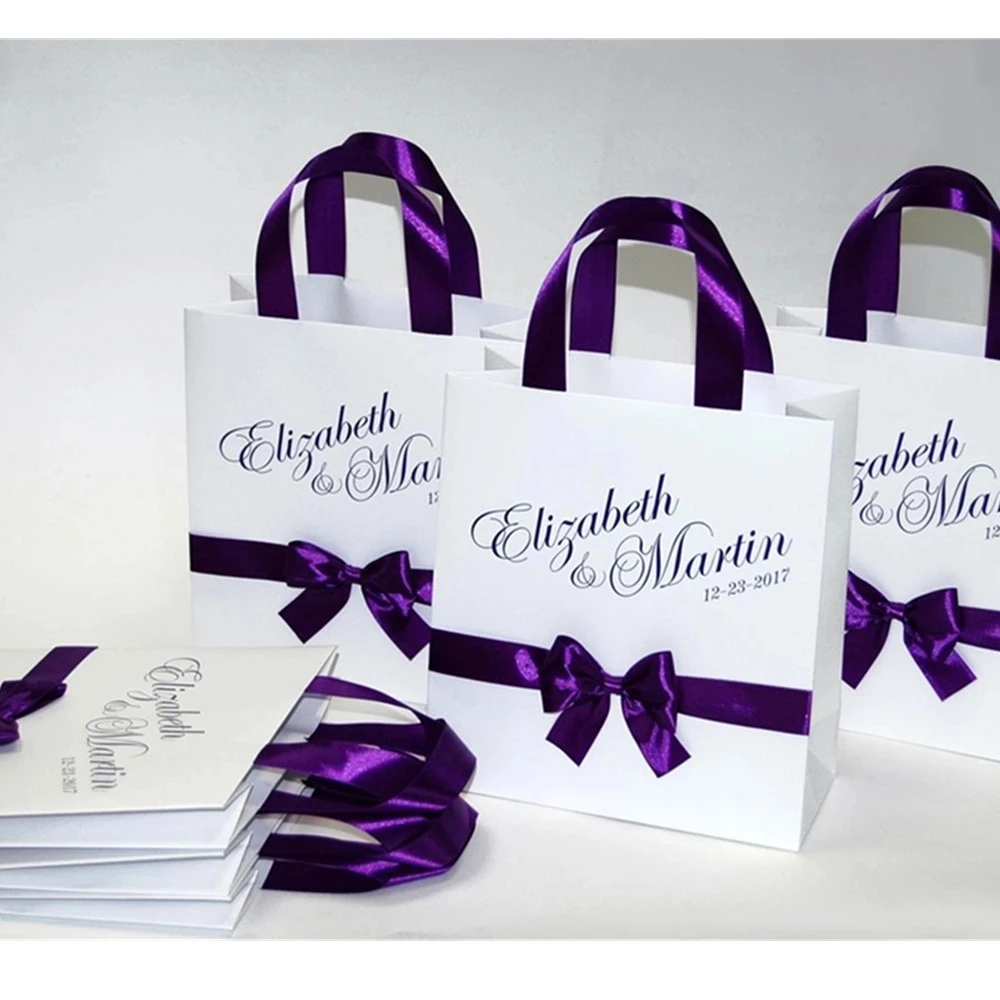 

Personalized Purple Wedding Welcome Bags with satin ribbon bow and your names bags for wedding guests cutom Gifts and Favors