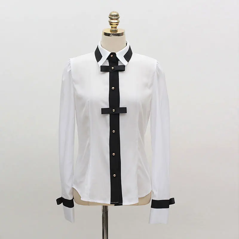 

COIGARSAM Vintage Full Sleeve Shirt Womens tops New Spring Bow Women shirts White 801