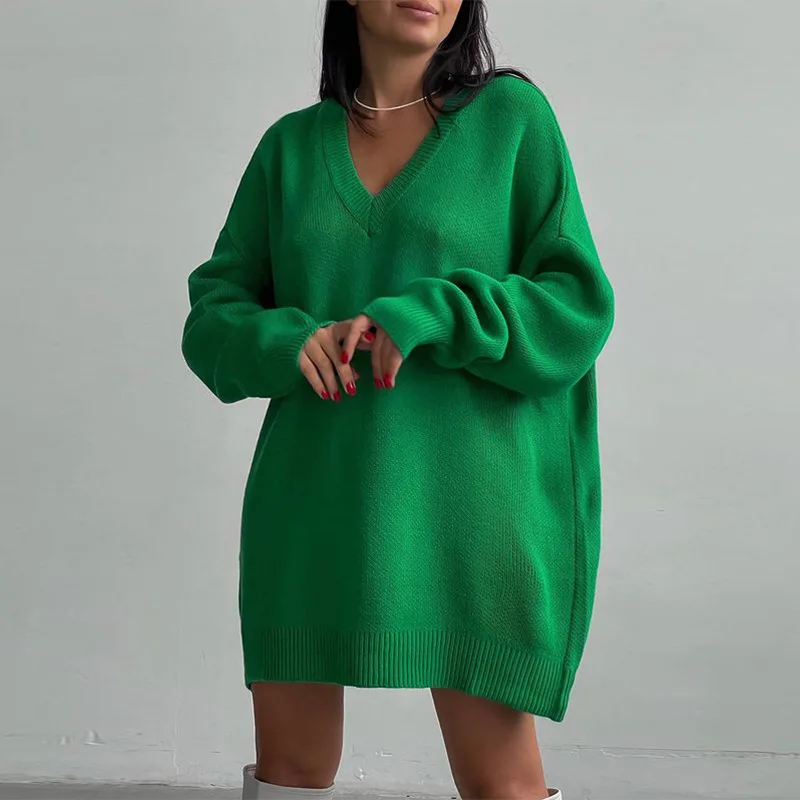 

Women's Sweater Oversize Knitted V-neck Loose Dress Ladies Sweaters Pullover Green Autumn 2021 Casual Long Sleeve Y2k Dresses