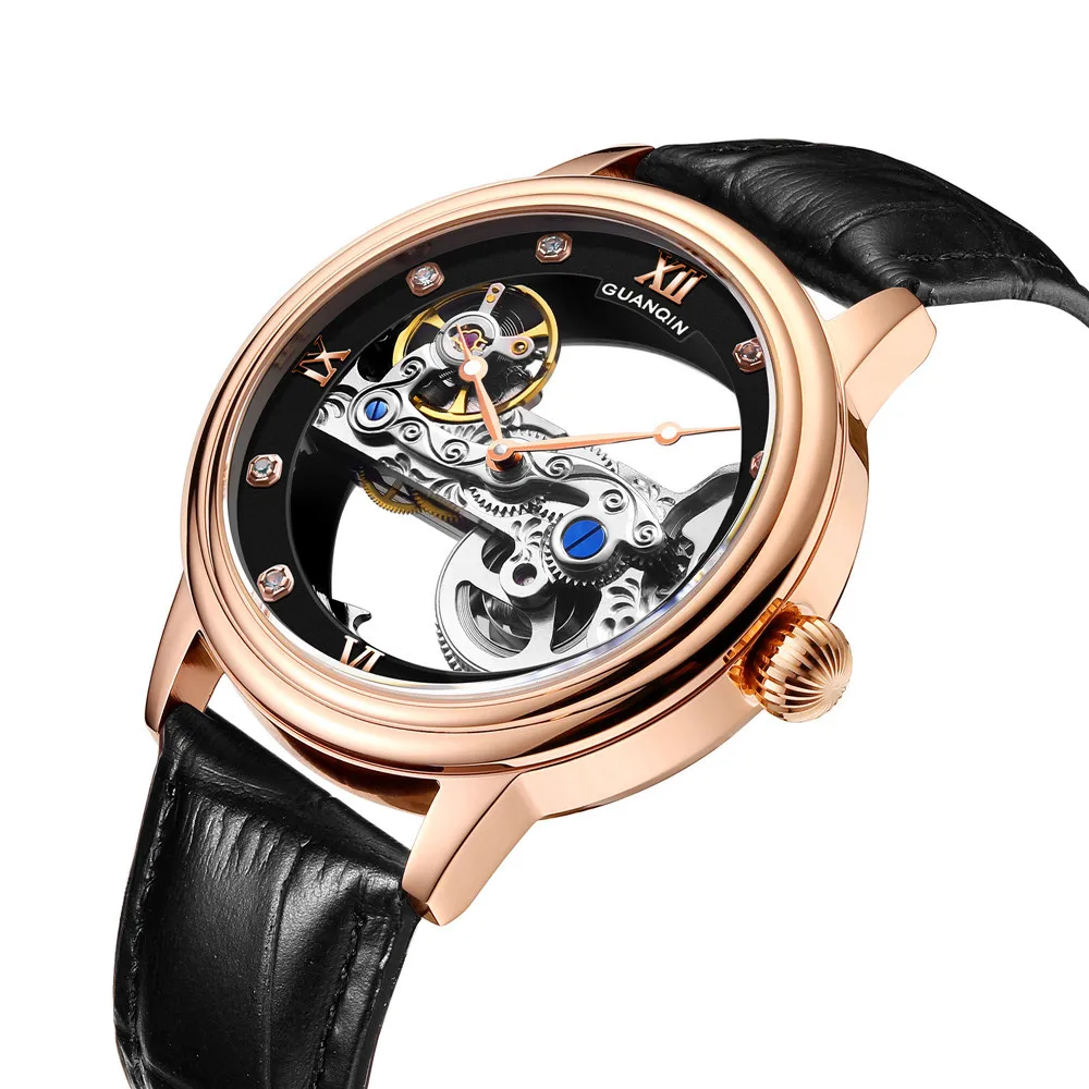 Часы скелетоны GUANQIN Мужские механические светящиеся водонепроницаемые