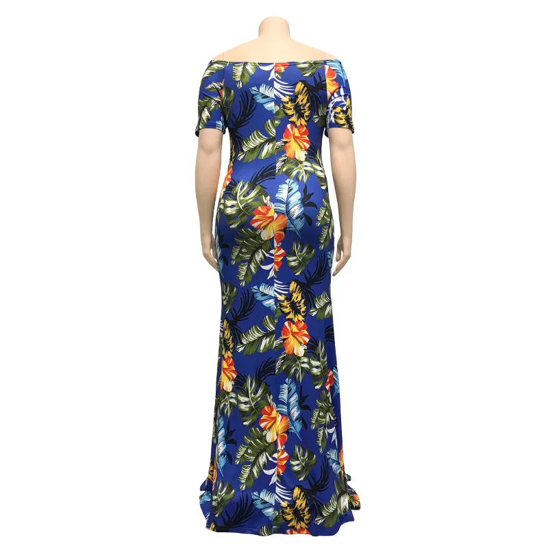 

Plus Size Curve 5XL Sexy Slash Neck Slim Fit Off Shoulder Bodycon Package Hip Printed Party Vacation Long Dress Women Fashion