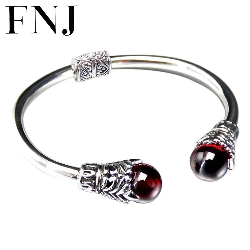 

FNJ 925 Silver Lotus Bangles for Women Jewelry 100% Original S925 Sterling silver Bangle Round Green Agate Red Zircon Garnet