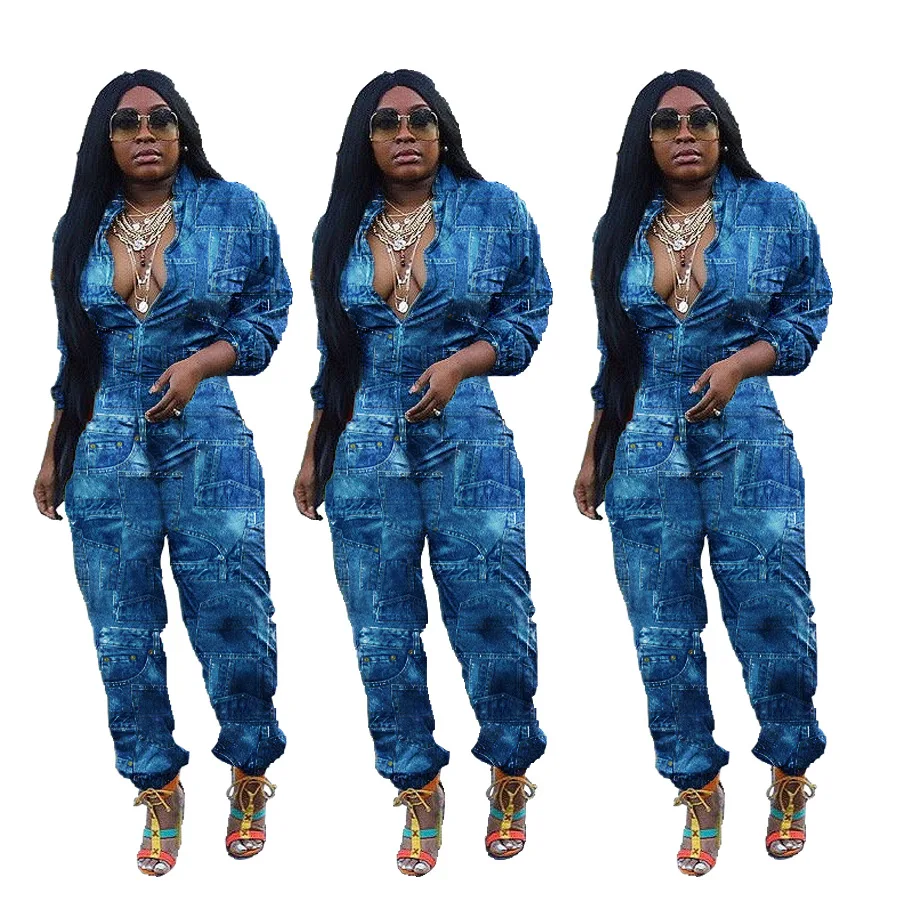 

Denim Womens Fashion One Piece Jumpsuit Long Sleeve Bodysuit Plus Size Autumn Winter Casual Overalls for Women Streetwear Romper