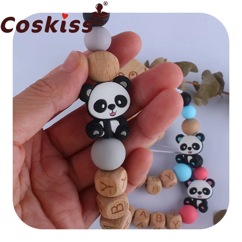

Coskiss Customized Baby Pacifier Clip Chain Cute Panda Wood Nipple Holder Chain Food Grade Silicone Teether No BPA Baby Gift