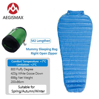 M2-Blue-Lengthen AEGISMAX M2 FP800 гусиный пух спальный мешок 36℉~ 45℉ Сверхлегкий Открытый Мумия сплайсинга Тип кемпинг теплый спальный мешок ветрозащитный - Цвет: M2-Blue-Lengthen