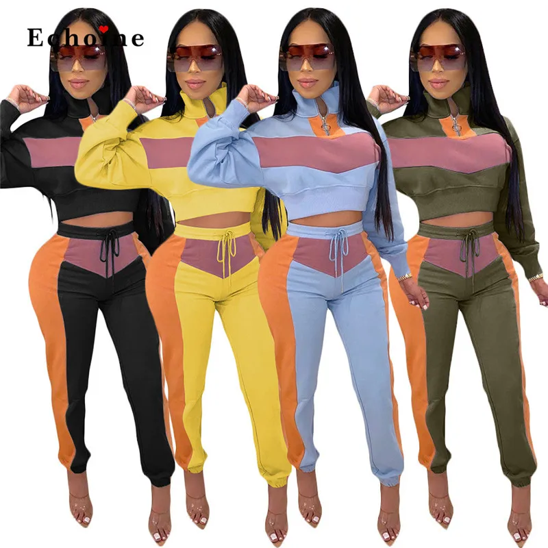 

Женский костюм из двух предметов, разноцветный лоскутный Топ с длинным рукавом, повседневный спортивный костюм, длинные брюки, уличная одеж...