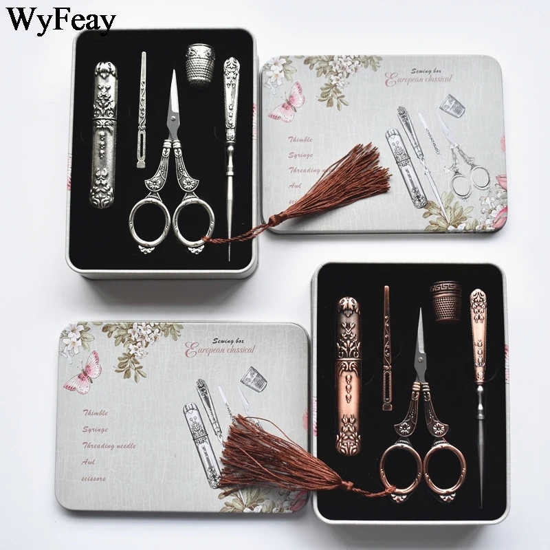 

1 Set Retro Vintage Scissor+Needle Case+Awl+Threader+Thimble+Iron Box Cross Stitch Embroidery Scissors Sewing Tailor Scissors