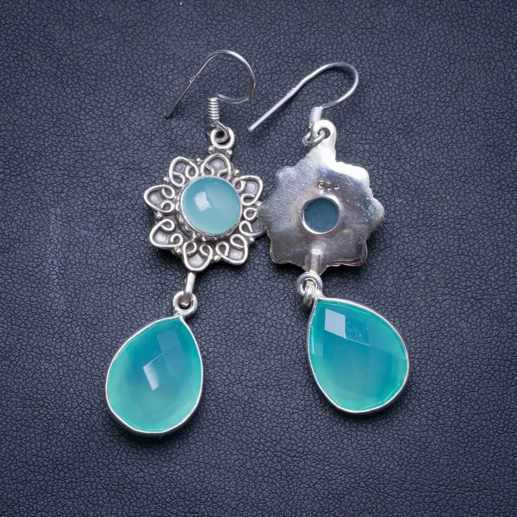 Натуральный халцедон ручной работы уникальный 925 пробы серебряные серьги 2 25