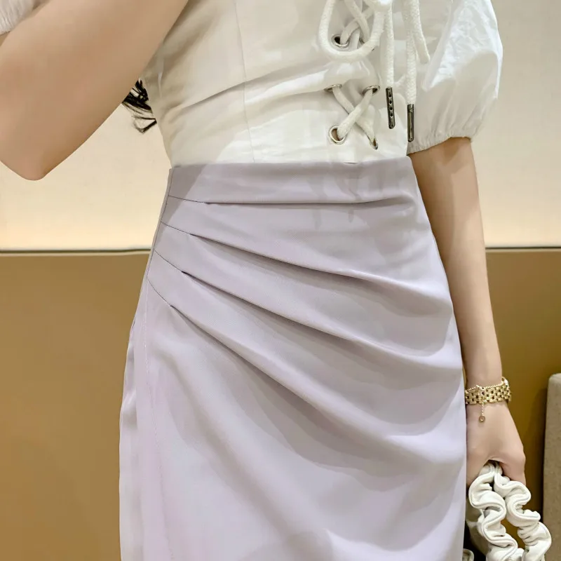 

Summer 2020 new black with irregular pleats high waist slim slitsexy asymmetrical school girl skirt women