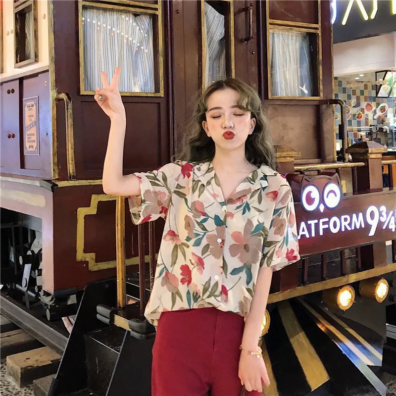 

Casual Printing Chiffon Blouse Slim Short Sleeve Shirt Top Women Summer Lapel Blouse Shirt x