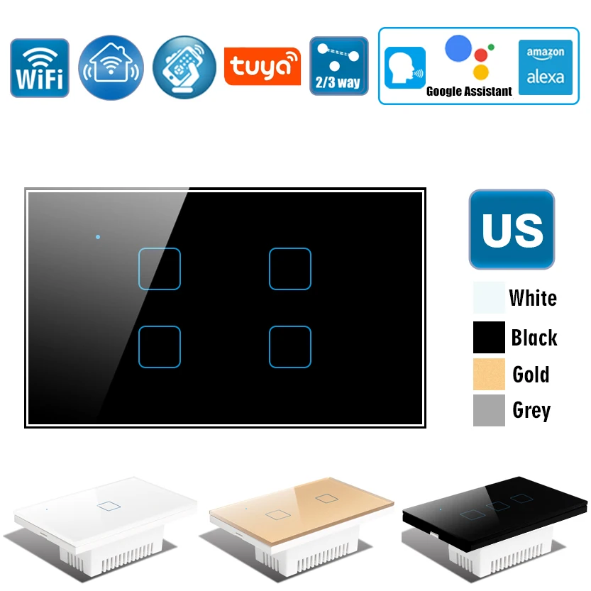 

US WiFi Smart Switch,Wireless Wall Light Touch Switch,2/3 Way,Glass Panel Touch-Sensor 1/2/3/4 Gang,Works With Alexa Googlehome
