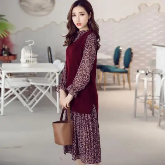 Chiffon Bohemian Dress Autumn Loose Pleated Dresses Women A-line Flower Print Floral Dot Female Vestidos Plus Size DC996 | Женская