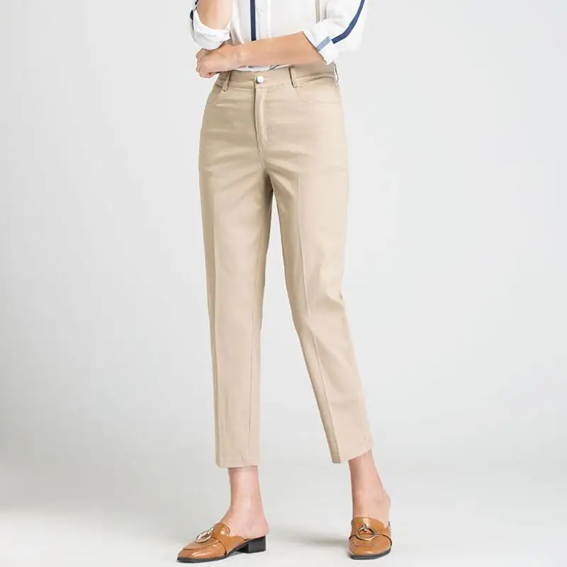 Женские прямые брюки с высокой талией однотонные хлопковые в повседневном стиле
