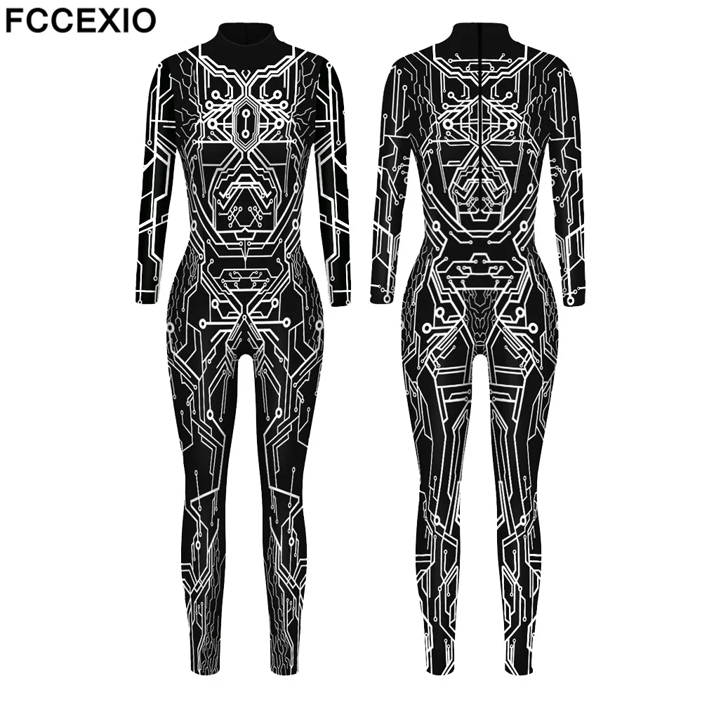 FCCEXIO Messy Lines Print Black Jumpsuit  Long Sleeve Sexy Women Skinny Jumpsuit Party Series Cosplay Elastic Bodysuits