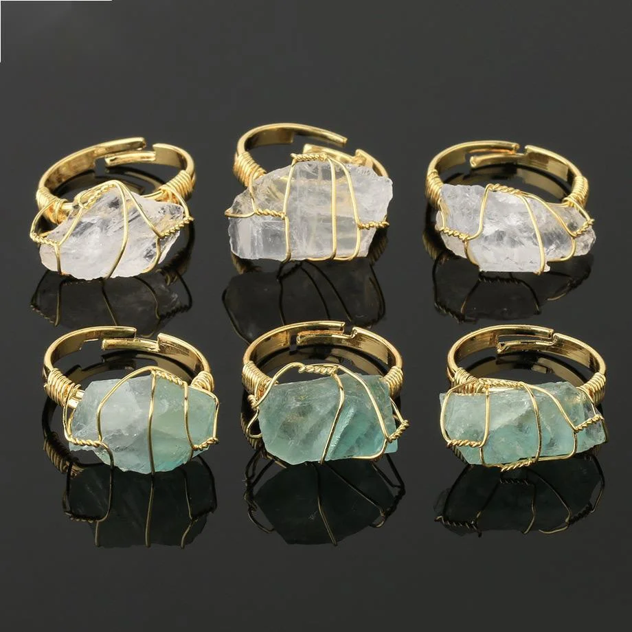 

Boho Adjustable Healing Crystal Open Ring Natural Stone Rings Women Fashion Wire Wrapped Gemstone Raw Quartz Rings Jewelry Gifts